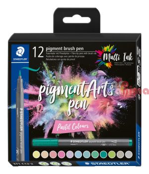 Комплект перманентни маркери - четка Staedtler Pigment Arts Pen, 12 цвята пастелни