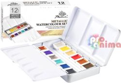 Комплект акварелни бои Phoenix, 12 цвята металик, в метална кутия