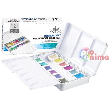Комплект акварелни бои Phoenix, 12 преливащи цвята, в метална кутия