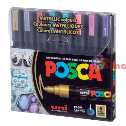 Комплект акрилни маркери POSCA PC-5M, объл връх, 8 бр. металик цветове