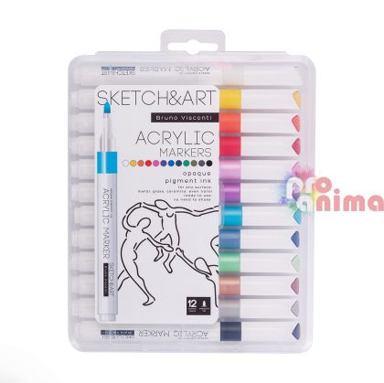 Акрилни маркери Bruno Visconti Scetch&Art, комплект 12 цвята, объл връх 1-3 mm