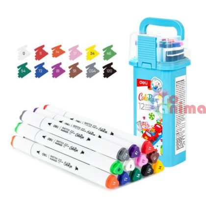 Комплект двувърхи маркери Deli Colorun, 12 цвята, измиващи се