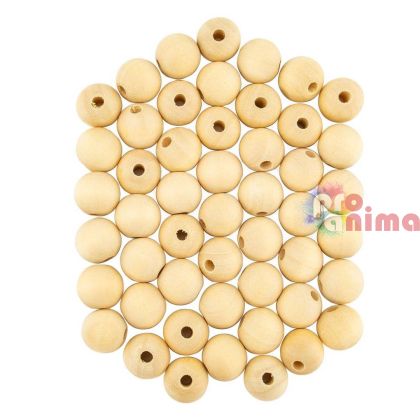 Натурални дървени мъниста, 15 mm, 50 бр., кръгли