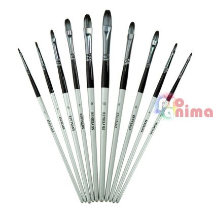 Комплект четки за рисуване Renesans, синтетични, лешниковиден връх, 10 бр.