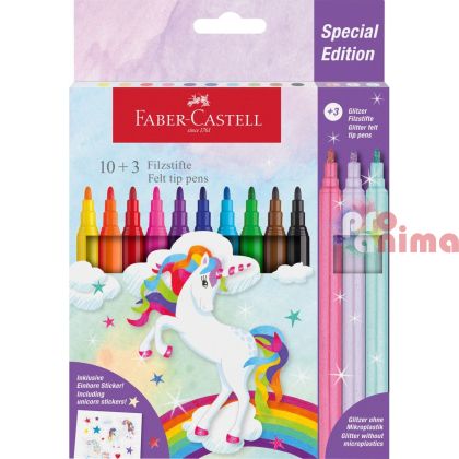 Флумастери Faber-Castell Еднорог, 10+3 цвята и стикери