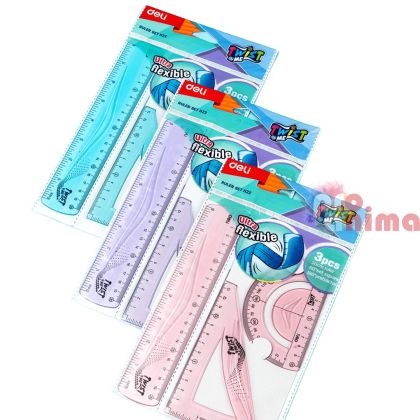 Чертожен комплект Deli Twist Me Flexible- линия 20 cm, триъгълник, транспортир, цветни