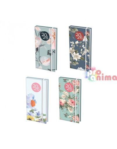 Бележник с дати, 8 x 16 cm, Flowers, 64 листа, с ластик