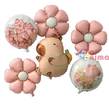 Комплект фолиеви балони Капибара и цветя, 6 бр.