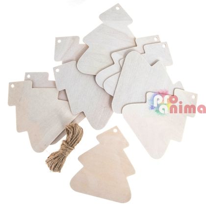 Дървени коледни висулки елхи, 10 бр., Бели