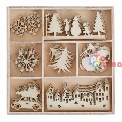 Дървени фигурки за декорация Зимен град, 35 бр.