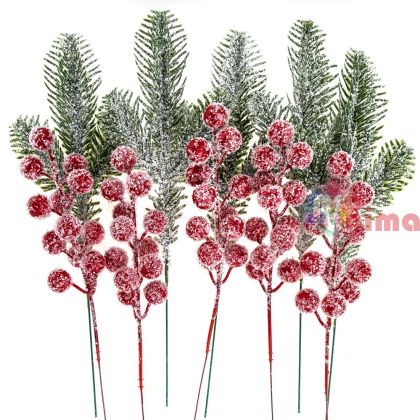 Декоративни заскрежени борови клонки и червени плодове, 26 cm