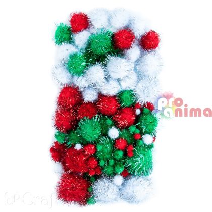 Помпони в коледни металик цветове, 100 бр., микс от размери