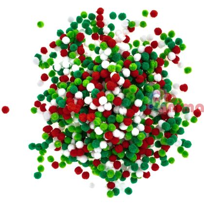 Помпони в коледни цветове (бяло, зелено и червено), 10 mm, 1000 бр.