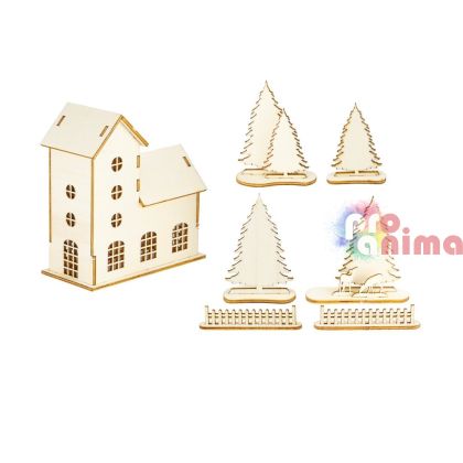 Комплект за декорация Дървена къща с кула и елхи, 25 части