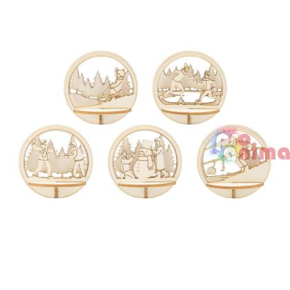 Комплект дървени фигури за прозрачни топки, ф7.4 cm, 5 мотива, Зимна забава