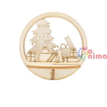 Дървени фигурки за прозрачни топки, Елха и коледни подаръци, ф7.4 cm