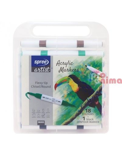 Акрилни маркери Spree, двувърхи, 18 цвята + контурен