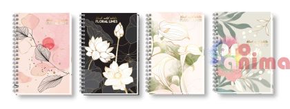 Тетрадка Black&White Широки редове A4 100 листа Твърди корици Спирала Floral Lines