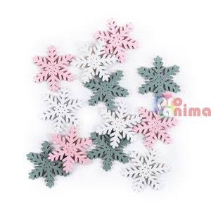 Дървени снежинки 12 бр. 3.6 cm розови, бели, сиви