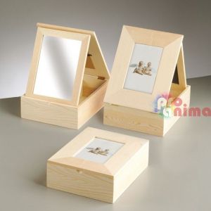 Дървена кутия с рамка за снимка и огледало 25 cm x 19 cm x 7.6 cm натурална