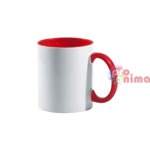 Бяла керамична чаша за печат или декорация 330 ml Червена дръжка и вътрешност