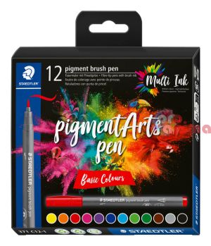 Комплект перманентни маркери- четка Staedtler Pigment Arts Brush Pen 12 основни цвята 
