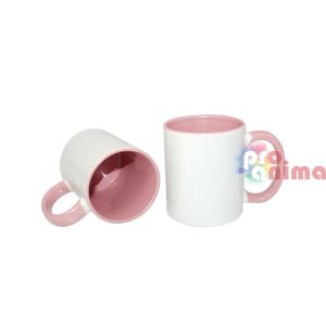 Бяла керамична чаша за декорация и печат с розова дръжка и розова вътрешност
