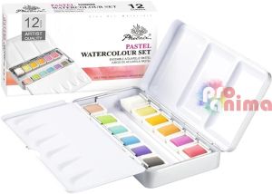 Комплект акварелни бои Phoenix, 12 пастелни цвята, в метална кутия