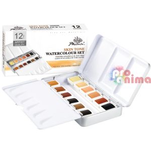Комплект акварелни бои за рисуване Phoenix, 12 телесни цвята, в метална кутия