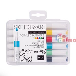 Комплект акрилни маркери Bruno Visconti Sketch&Art, 6 основни цвята, 1-3 mm