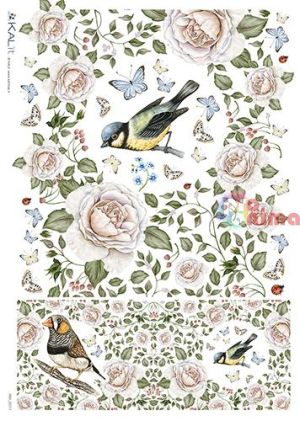 Декупажна хартия оризова KALit 32x45 Птички, рози, пеперуди
