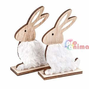 Декоративни дървени фигурки зайчета с козина, на стойка, DP Craft, 2 бр.