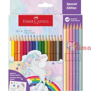 Цветни моливи Faber-Castell Еднорог, 18 + 6 цвята и стикери