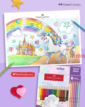 Цветни моливи Faber-Castell еднорог, 18 + 6 цвята и стикери
