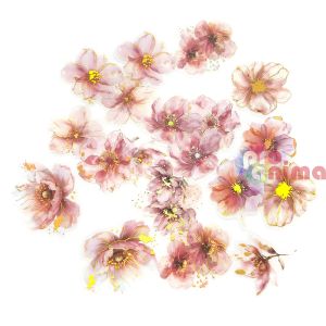 Стикери от прозрачно PET фолио, DP Craft, цветя, 20 бр., розов руж, блестящи