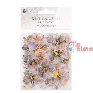 Стикери от прозрачно PET фолио, цветя, 20 бр., сива пудра, блестящи
