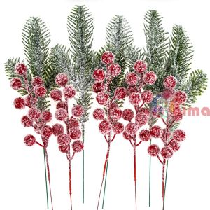 Декоративни заскрежени борови клонки и червени плодове, 26 cm