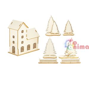 Комплект за декорация Дървена къща с кула и елхи, 25 части
