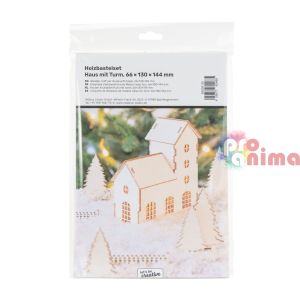 Комплект за сглобяване Дървена къща с кула и елхи, 25 части