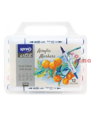 Комплект акрилни маркери Spree Artist Soft Brush, 6 цвята, двуцветни, 12 цвята